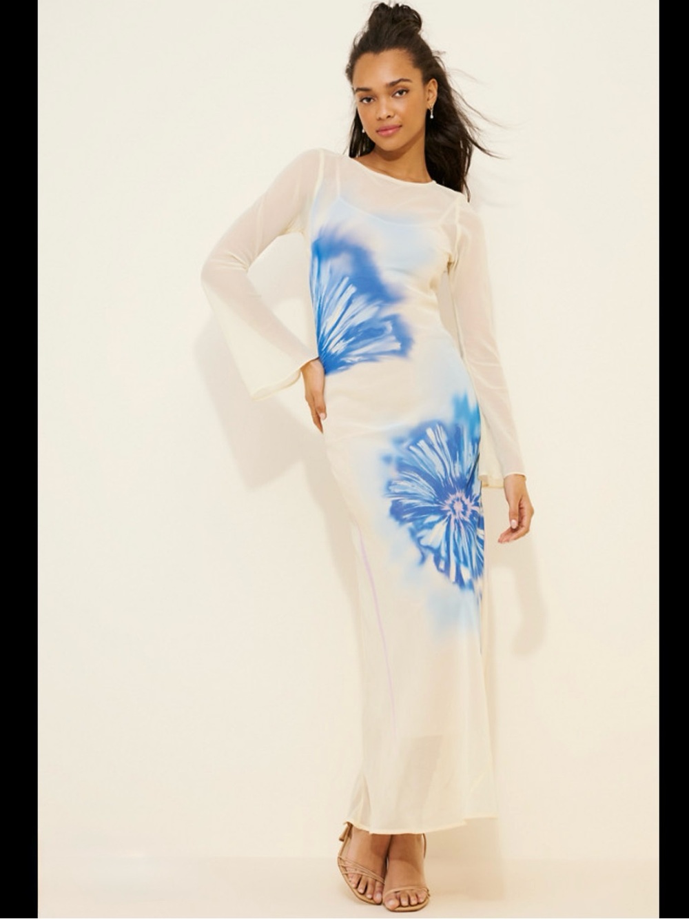 Stunning Sheer Maxi Dress in light yellow with Blue Floral accents